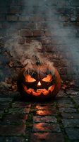 Carved jack-o-lantern pumpkin with glowing orange light and smoke against weathered brick wall, perfect for seasonal and holiday marketing materials.
