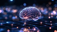Glowing digital brain floating over neural network grid with blue bokeh lights background represents artificial intelligence and machine learning technology.