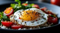 Fried egg with runny yolk on bed of fresh cherry tomatoes and greens, seasoned with black pepper. Healthy breakfast or brunch meal concept.