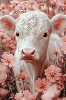 White calf portrait among pink cosmos flowers in dreamy garden setting, soft focus artistic nature photography with gentle coral tones and ethereal mood.