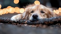 Sleepy Golden Retriever dog resting head on fallen tree branch with warm glowing bokeh lights creating magical evening atmosphere in background.