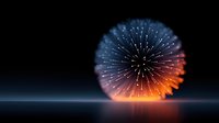 Glowing sphere with radiating light beams creates stunning burst effect on dark surface with colorful gradient from blue to orange tones.