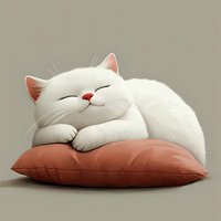 Adorable white cartoon cat sleeping peacefully on soft coral pillow with happy expression, suitable for children's book illustrations and nursery decor.