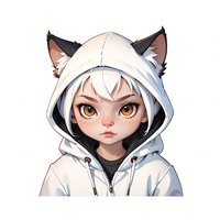 Young Asian female character in white cat ear hoodie with amber eyes and determined expression, anime style artwork on white background.