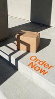 Cardboard delivery box on a sunlit doorstep with bold orange Order Now text, perfect for e-commerce and online shopping promotions.
