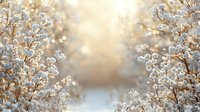 Delicate frost-covered branches frame winter landscape with soft golden sunlight creating magical morning atmosphere, snow-covered nature background for seasonal designs.