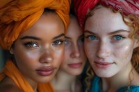 Close up portrait of three diverse young women wearing colorful head wraps, showcasing natural beauty, freckles, and different skin tones against neutral background.