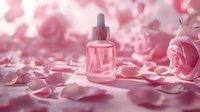 Glass dropper bottle with rose essential oil surrounded by pink rose petals and flowers in soft dreamy light, beauty product photography for cosmetics and skincare.