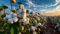 Cotton bolls ripening in vast agricultural field during golden hour sunset, ready for harvest and textile production.