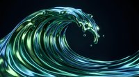 Flowing wave of liquid glass with blue and green iridescent tones against dark background. Dynamic water motion for abstract design, backgrounds, and modern visual projects.