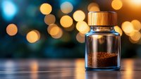 Glass jar with brown powder on blurred bokeh background with warm golden lights, shallow depth of field creates dreamy atmosphere for wellness products.