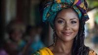 African woman wearing colorful traditional headwrap and yellow clothing smiling warmly at camera with cultural jewelry and braided hair.