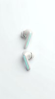 Pair of white wireless earbuds with turquoise accents and glowing LED lights, isolated on white background for product design and marketing use.