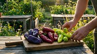 Fresh organic vegetables on wooden cutting board in garden setting with hands preparing colorful eggplant and peppers for healthy cooking outdoors.