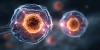 Glowing energy cells with fiery orange cores surrounded by blue electric networks in dark space, illustrating quantum physics or cellular biology concept.