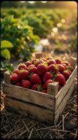 Fresh ripe strawberries in wooden crate at sunset farm field with warm golden light and bokeh background for organic harvest and healthy eating concepts.