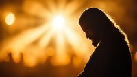 Silhouette of bearded man praying at sunset with sun rays creating spiritual atmosphere, side view profile against golden sky background.