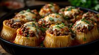 Stuffed pasta shells with ground meat, marinara sauce and melted cheese garnished with fresh herbs in cast iron pan, close up view of Italian cuisine.