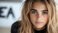 Young Caucasian woman with blue eyes, freckles and blonde wavy hair looking directly at camera with gentle smile against blurred background. Natural beauty portrait.