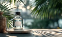 Clear glass perfume bottle on wooden tray with tropical palm leaves in background, creating luxurious spa atmosphere with soft natural lighting.
