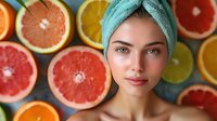 Young Caucasian woman with natural makeup and turquoise towel on head against colorful citrus fruit background perfect for beauty, spa, skincare, and wellness advertising concepts.