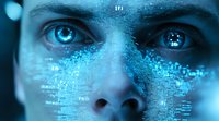 Close up of glowing blue eyes with digital code overlay representing artificial intelligence, machine learning and futuristic technology advancement in cybersecurity.