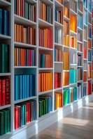 Modern white bookshelf with colorful books arranged by spectrum colors creating vibrant rainbow pattern against white wall on wooden floor. Library interior design.
