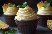 Tropical pineapple mousse served in dark chocolate cups, topped with fresh mint leaves, creating an elegant dessert presentation against dark background.