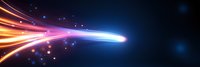 Glowing comet trail with vibrant orange and blue light streaks against dark space background, dynamic motion effect with luminous particles and lens flare.