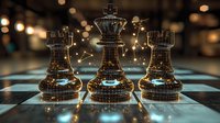 Chess pieces on illuminated board with glowing magical effects and light trails, creating dramatic atmosphere for strategy and leadership concepts. Game rook and king pieces.