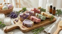 Handmade natural soap bars with lavender, herbs and essential oils arranged on wooden cutting board for spa and skincare routine.