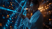 Asian female scientist analyzing glowing DNA structure hologram in dark laboratory with bokeh lights, wearing lab coat and glasses, futuristic medical research concept.