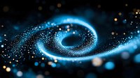 Glowing blue spiral galaxy with sparkling particles and cosmic dust swirling in dark space creating mesmerizing celestial formation with bright luminous trails.