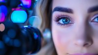 Close-up of woman with striking blue eyes and long eyelashes against blurred neon lights background, creating dramatic contrast for beauty and fashion photography.