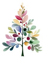 Delicate watercolor tree with multicolored leaves and berries on white background, featuring soft pastel hues and organic shapes. Suitable for greeting cards and wall art.