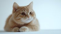 Adorable cream colored British shorthair cat with big round eyes lying down and looking up against light background, soft focus portrait for pet photography.