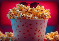 Fresh buttery popcorn overflowing from classic striped container with sunglasses on top against vibrant red background, perfect for entertainment and movie concepts.