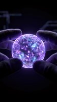 Hands holding glowing purple digital sphere with circuit board pattern, representing technology, innovation, artificial intelligence, and future digital transformation concepts.