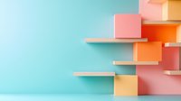Colorful geometric shelves mounted on turquoise wall with pink, orange, and peach boxes creating modern interior design and storage solutions.