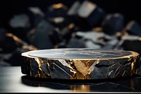 Luxury black marble platform with gold veining for product display and presentation on dark blurred stone background for premium branding.