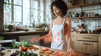 Young African American woman in white apron and orange cardigan preparing fresh vegetables in sunny rustic kitchen with wooden countertops and natural light from windows.