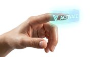 Hand pressing glowing activate button on transparent digital interface for business technology and user interaction concepts.