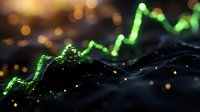Glowing green financial chart line over dark background with bokeh lights shows market growth trend and stock analysis visualization.