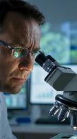 Senior male scientist with glasses examining samples through microscope in modern laboratory for medical research and scientific discovery.