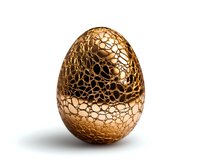 Golden crackled egg with textured metallic surface pattern isolated on white background, luxury Easter decoration and design element.