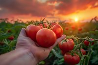Fresh ripe tomatoes held in farmer's hand against beautiful sunset background in organic garden. Perfect for agriculture, healthy eating and farm-to-table concepts.