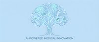 AI-powered medical innovation concept with digital tree featuring healthcare icons and circuit patterns on light blue background for technology presentations.