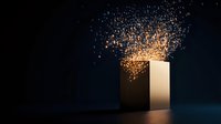 Glowing golden particles rising from illuminated doorway in dark space, creating magical atmosphere for spiritual and breakthrough concepts.