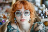 Young woman with ginger hair and blue round glasses wearing turquoise lace dress, looking directly at camera with gentle smile. Soft natural lighting creates dreamy atmosphere.