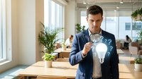 Professional businessman examining glowing lightbulb with magnifying glass in modern office, symbolizing innovation analysis and creative problem-solving.